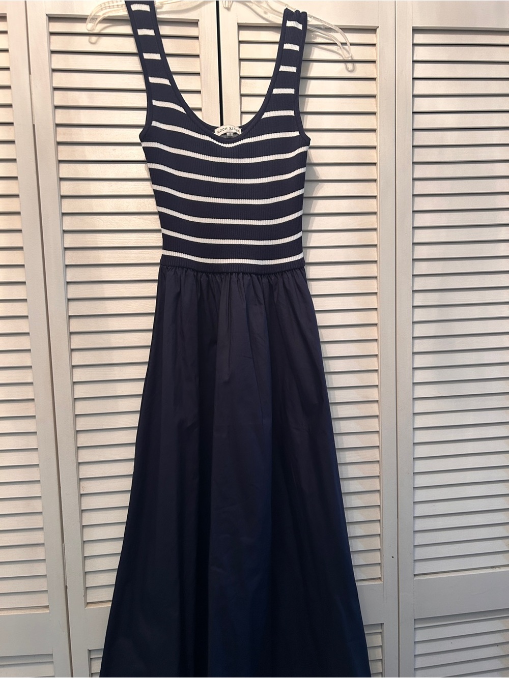 Navy and White Striped Fit-and-Flare Maxi Dress